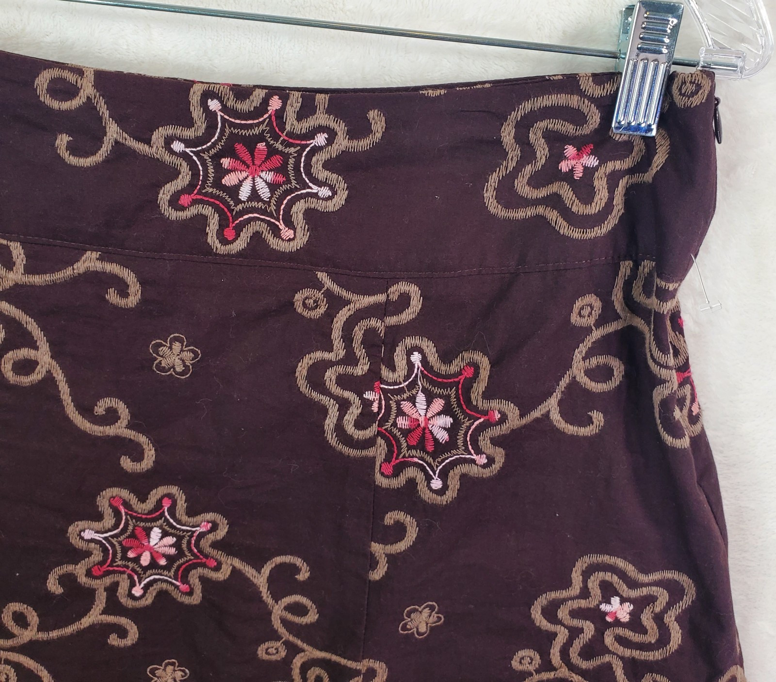 Vtg Y2K Sylvie & Mado Brown A Line Stiched Floral Embroidered Skirt Large Boho