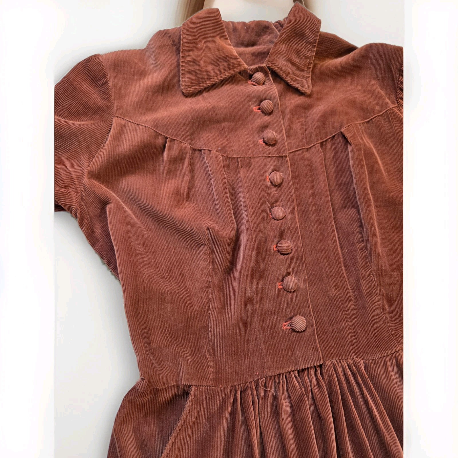 Vintage Brown Corderoy Dress, Covered Buttons, S/M, Full Skirt, matching belt