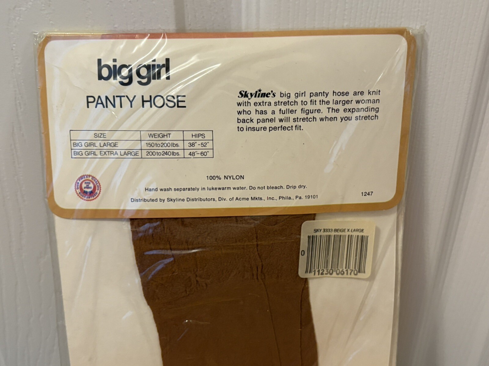 Skyline Big Girl Panty Hose Beige Panty Hose 780-095 XL 200-240lbs Hips 48”-60”