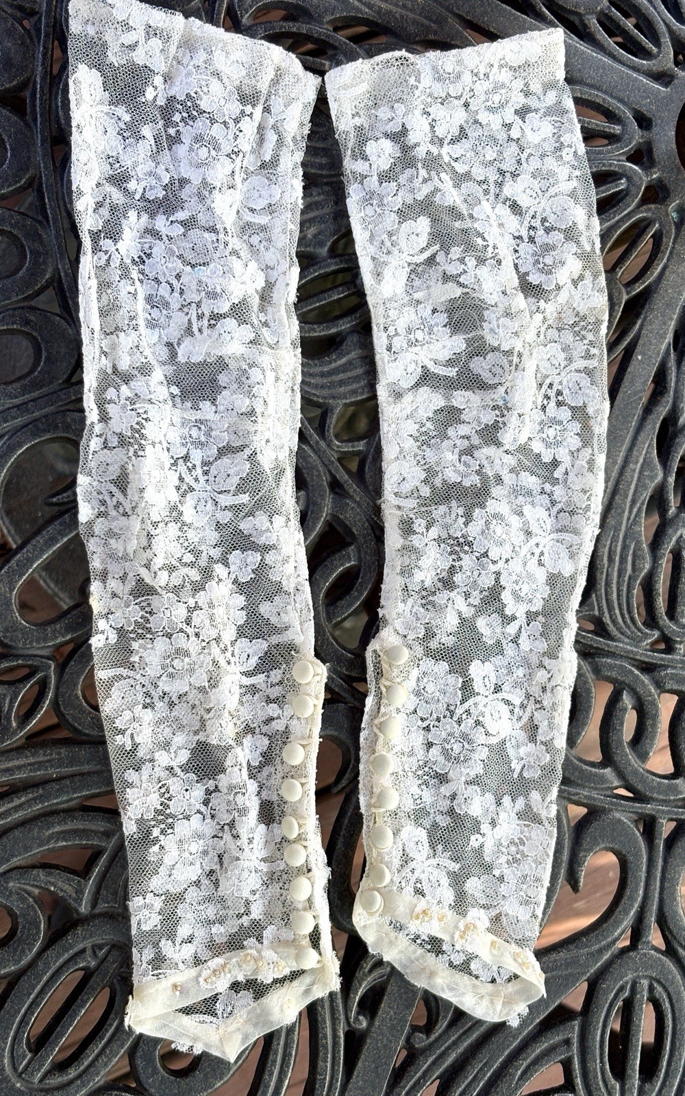 Vintage 1950s Satin & Lace Button Back Wedding Dress w Beads, Bow & Lace Gloves