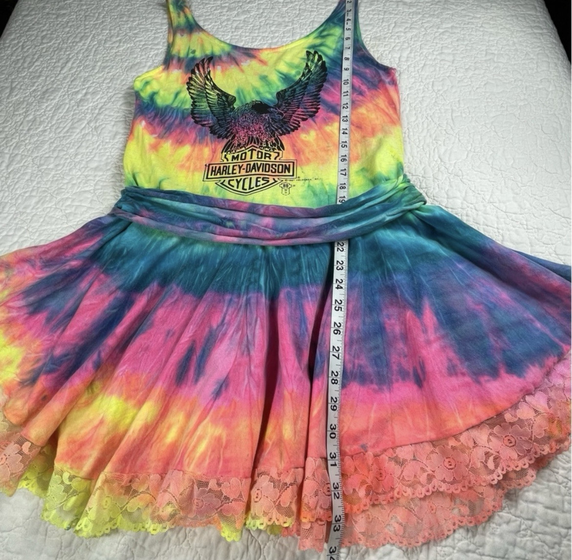 RARE VTG Harley Davidson Dress 1987 Holoubek Tie Dye Grunge Mini Flare Dress