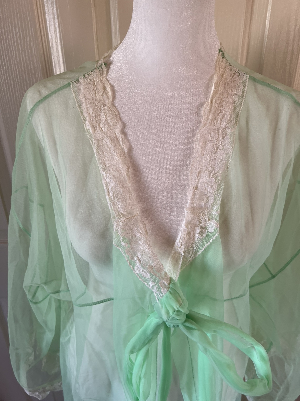 Vintage Robe Mesh green tie font lace trim bright green sexy sheer open size 70s