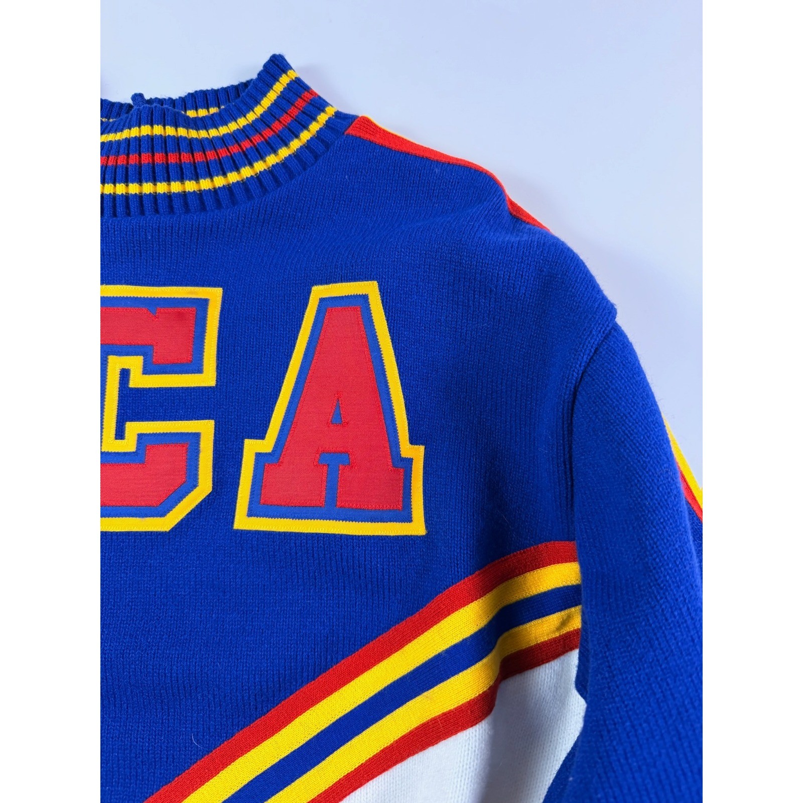 Vintage Varsity Spirit UCA Cheerleader Sweater Blue White Red Halloween Preppy
