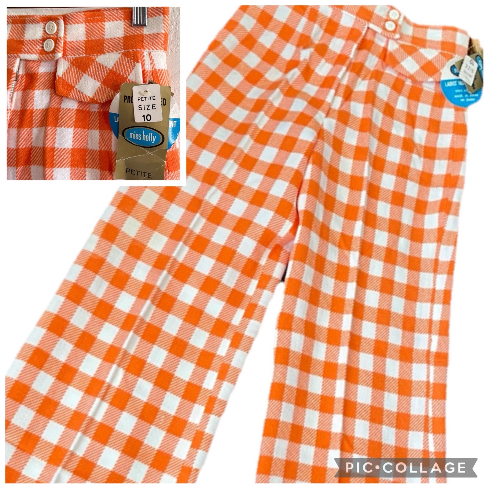 NWT Vintage 70s Bell Bottoms Wide Leg Pants ORANGE Check MISS HOLLY Japan 10 Pet