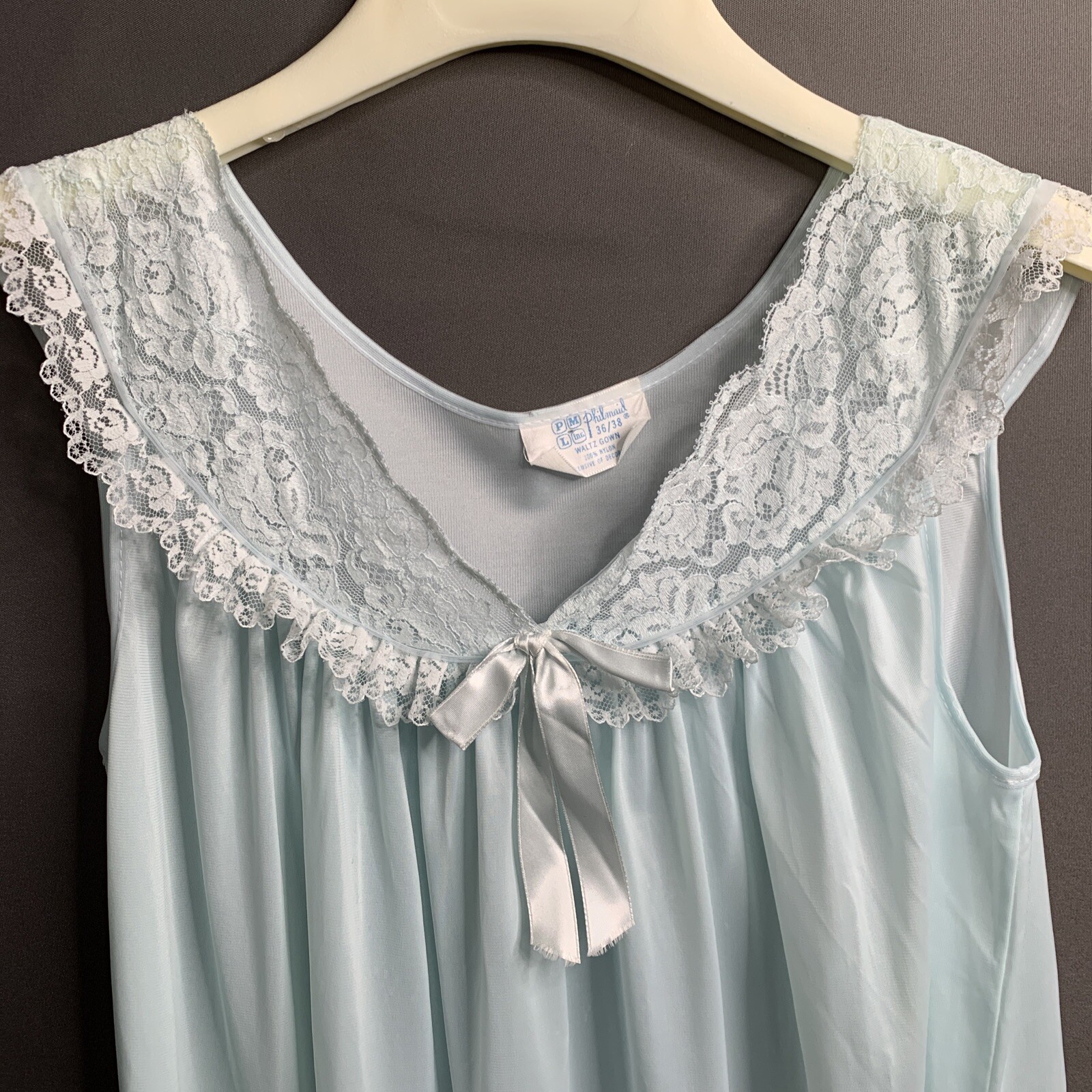 Vtg Philmaid Women’s Nylon Shift Waltz Gown Nightgown Blue Lace Size 36/38 Med