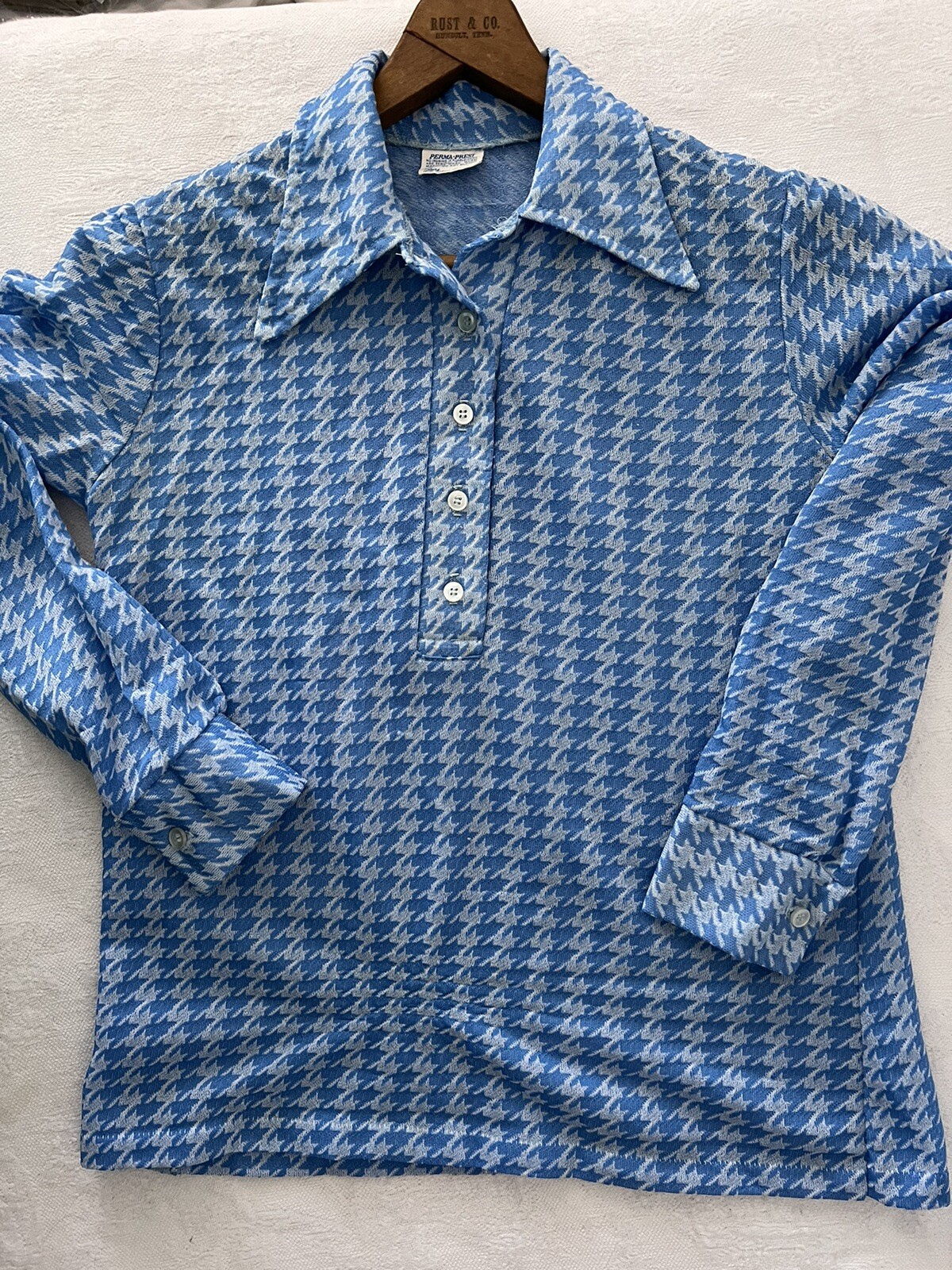 Vintage 1970s Blouse Houndstooth Women’s by Sears Perma Prest Small Med Blue