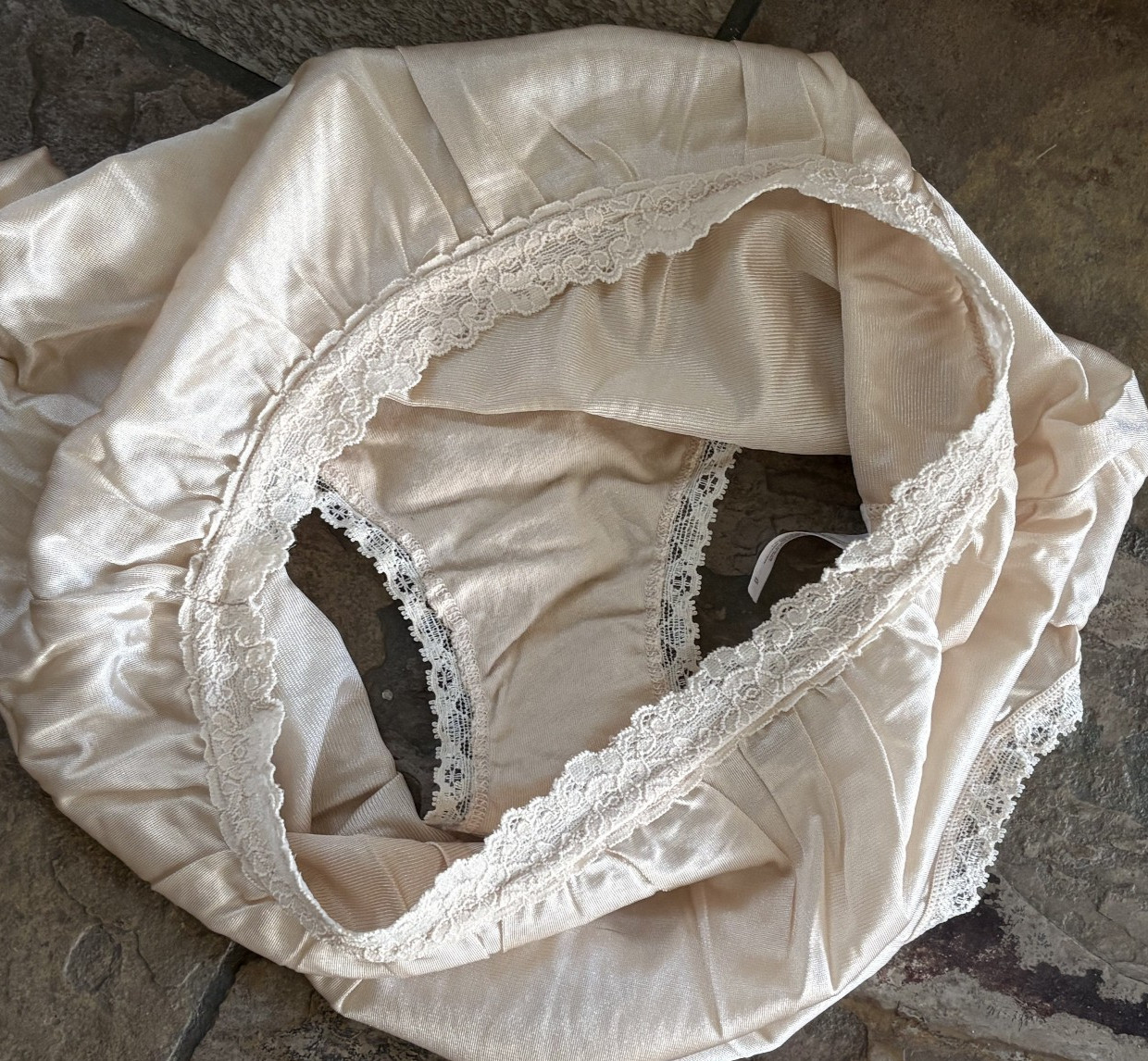 COTILLION 8/XL Champagne Hi Shine SATIN All Nylon Lace Trim Brief Panties VTG