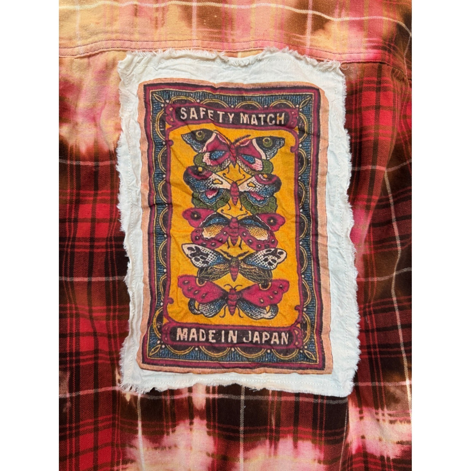 Vintage Butterfly Patch Bleached Flannel Shirt Upcycled Cotton Size Large