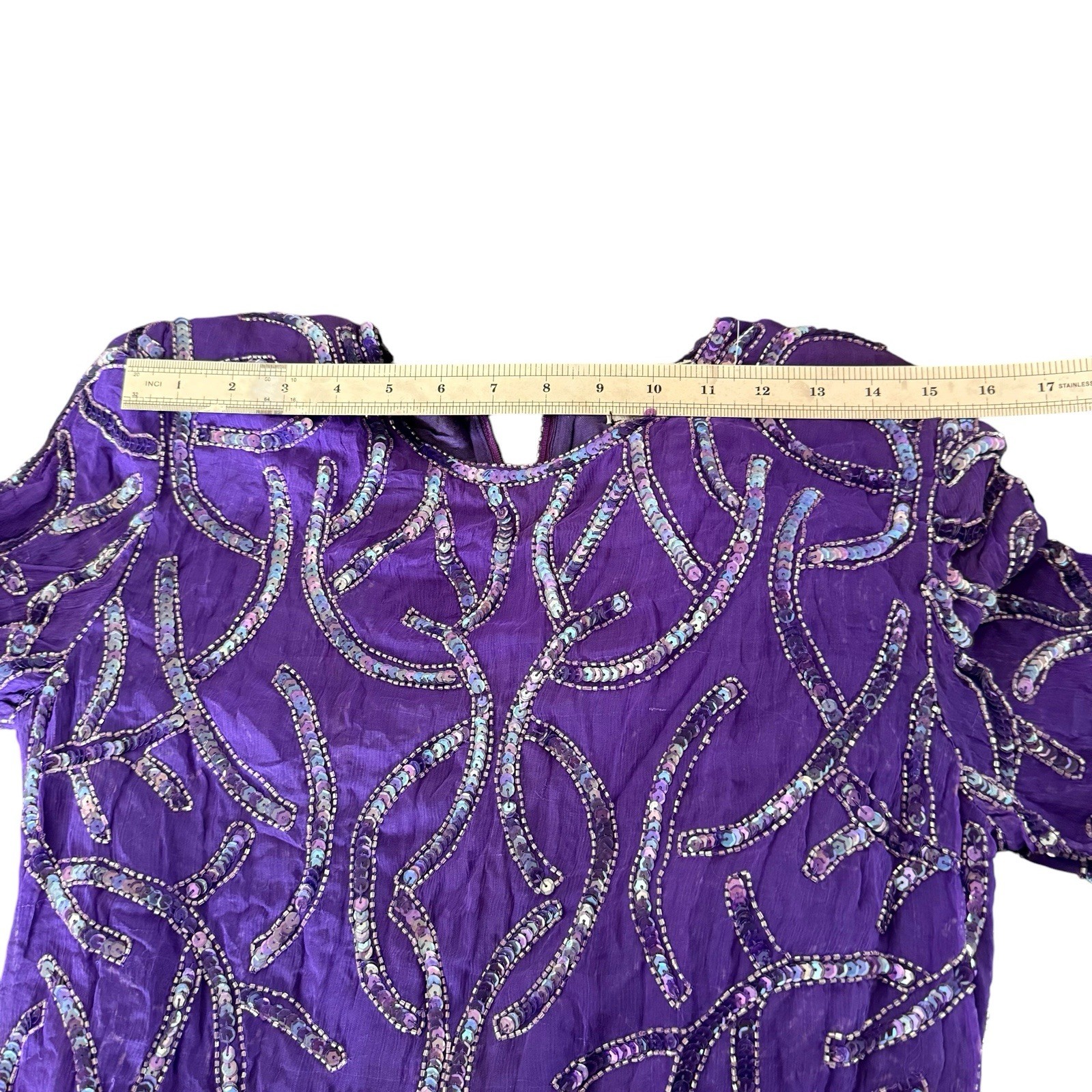 Vintage Carina Purple 100% Silk Beaded Long Sleeve Mini Dress