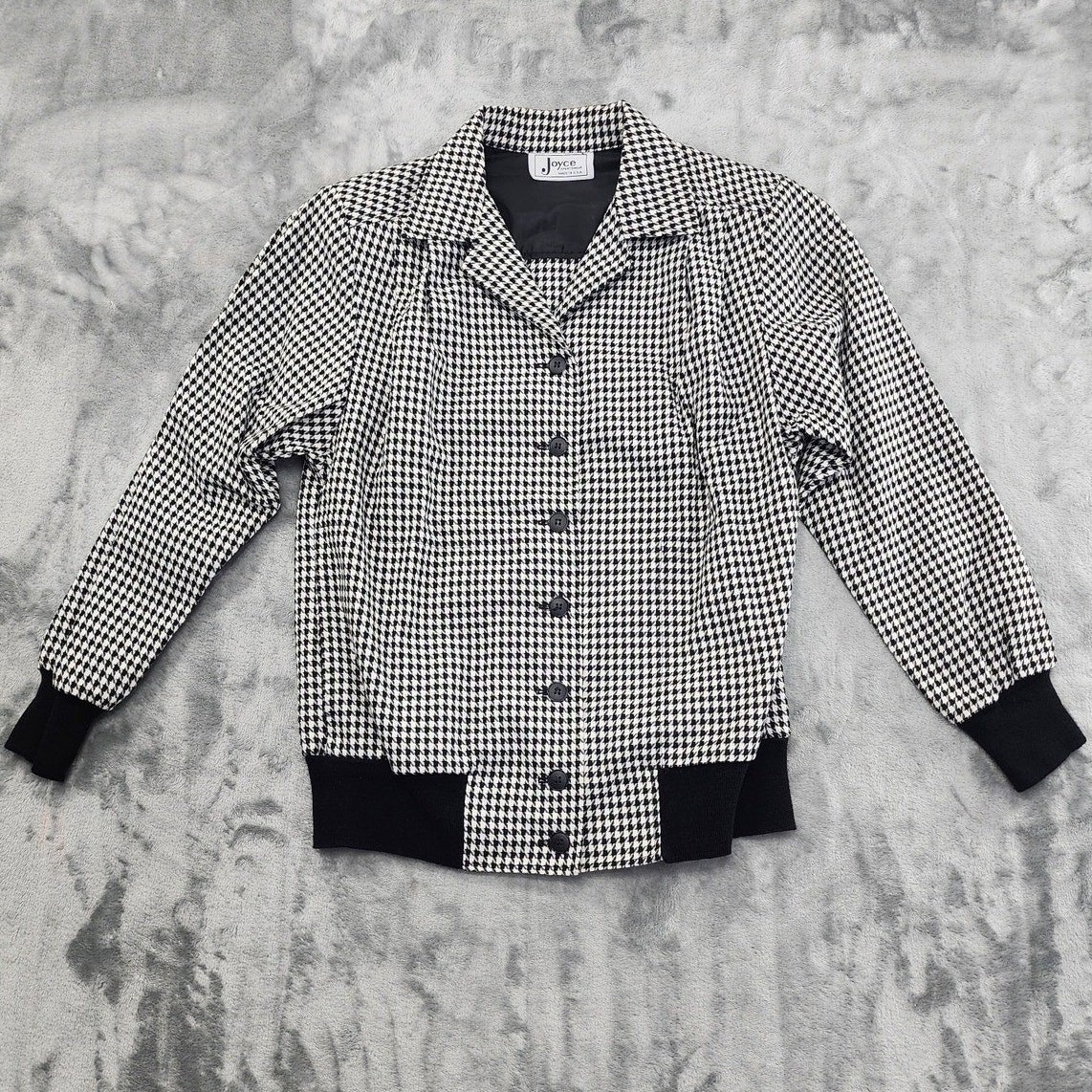 Vintage Joyce Sportswear Jacket Womens XS Black White Houndstooth Bomber Pockets