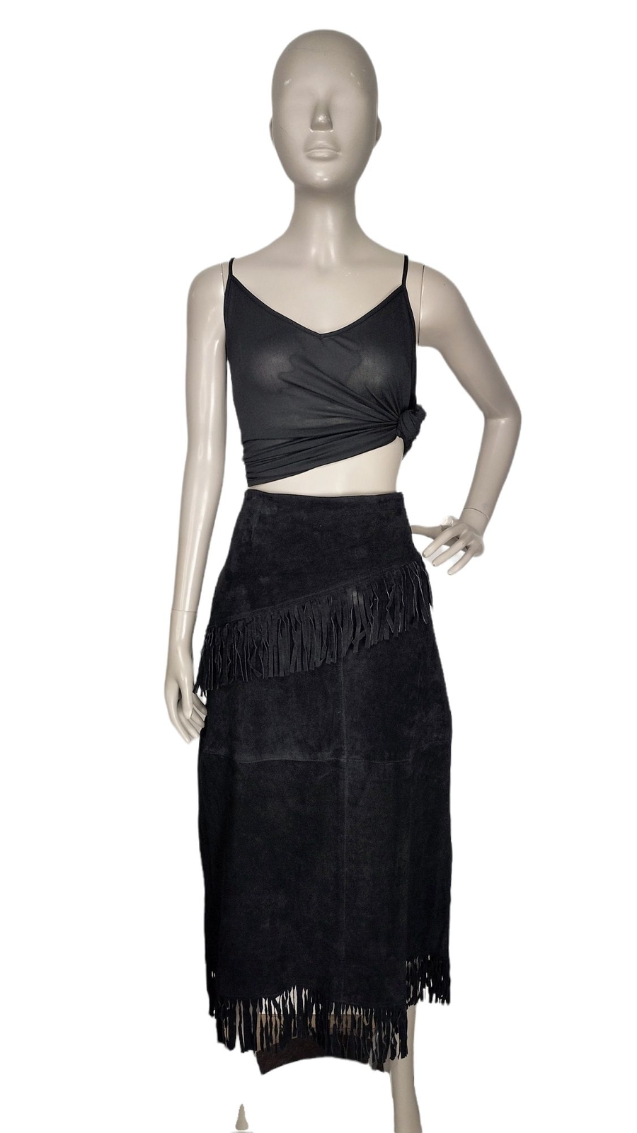 Vintage Boho Western Fringe Cowgirl Black Suede Full Length High-Waist Skirt