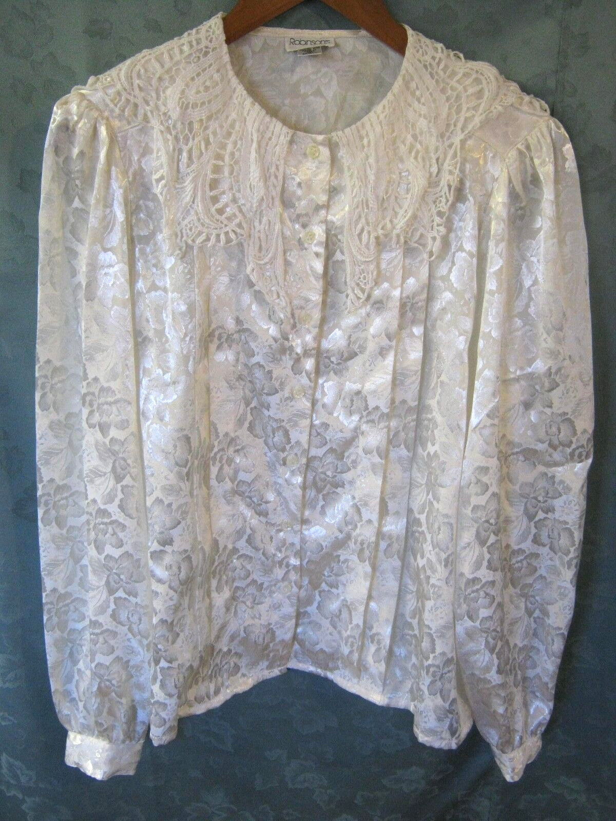 VTG 80’s Robinson’s Blouse Size 10 Lace Collar Pleated Front Floral Jacquard Top