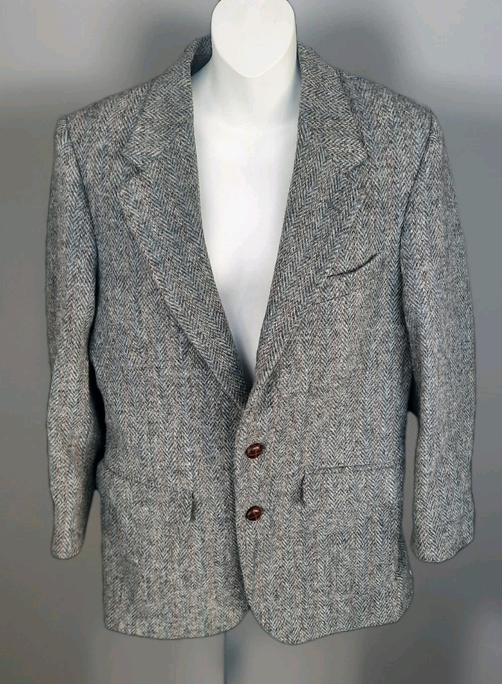 HARRIS TWEED Misses 10 / 12 Scottish Wool Jacket W/2 Leather Buttons Gray/Blue