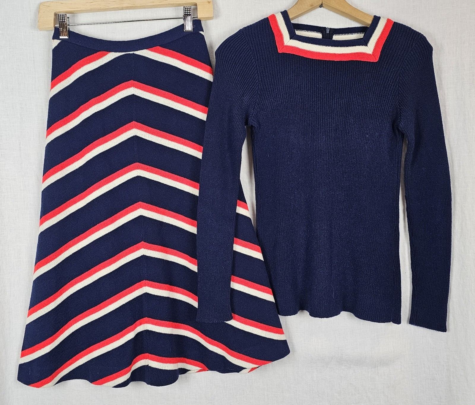 VTG 70s Knit 2-Piece Sweater A-Line XS Skirt Union Made Chevron Red White Navy