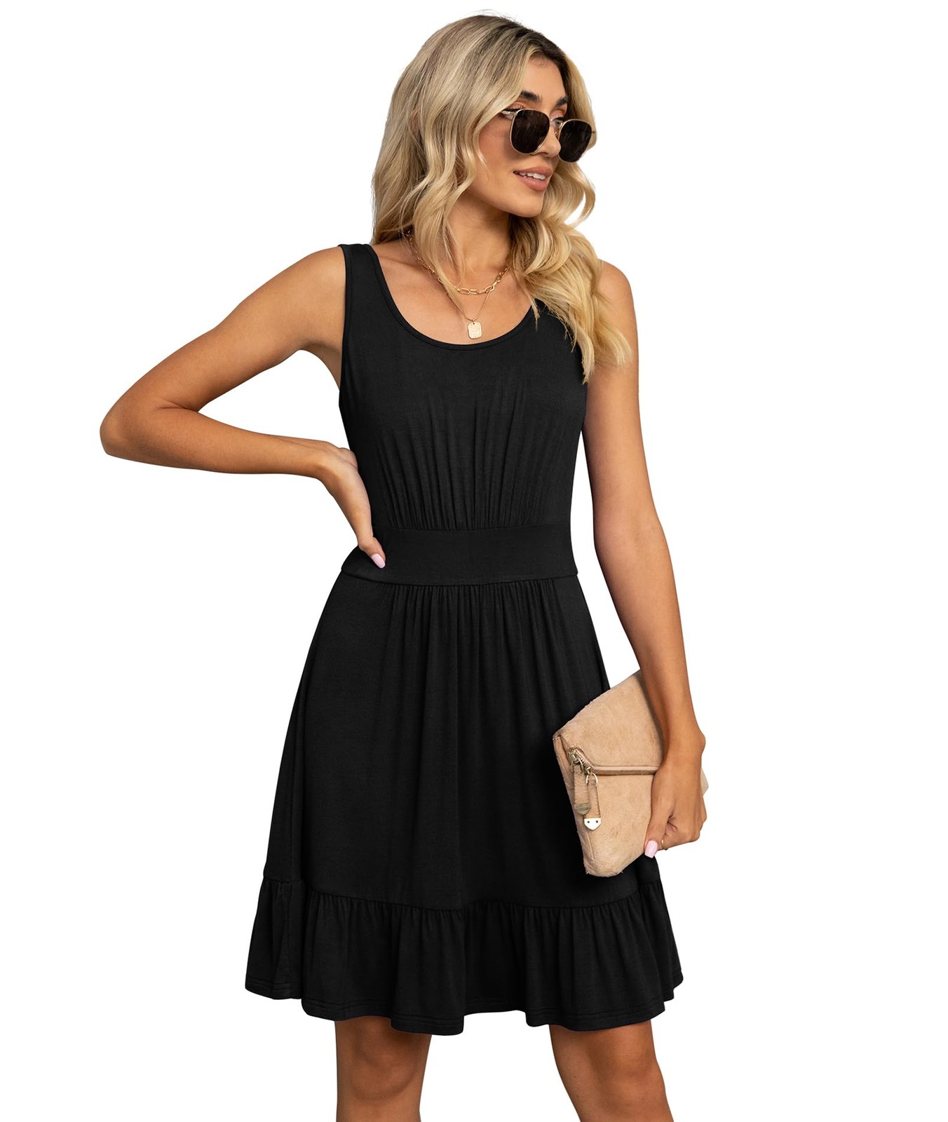 LILBETTER Women Summer Casual Short Cacual Dress U Neck Pleated Knee Length Tank