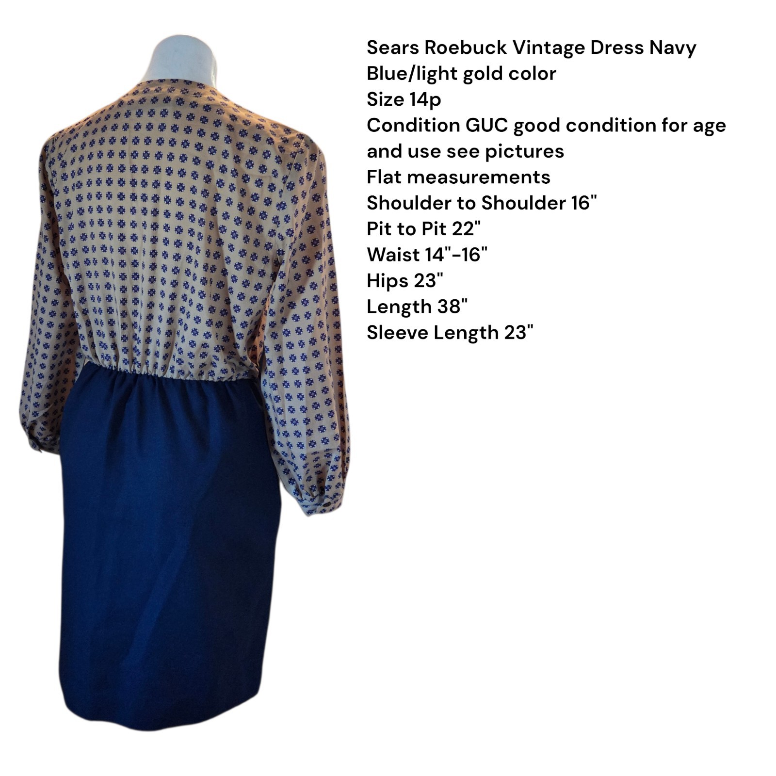 Vintage 70s Sears Roebuck Dress Size 14 Blue Tan 14 Petite Office Business Work
