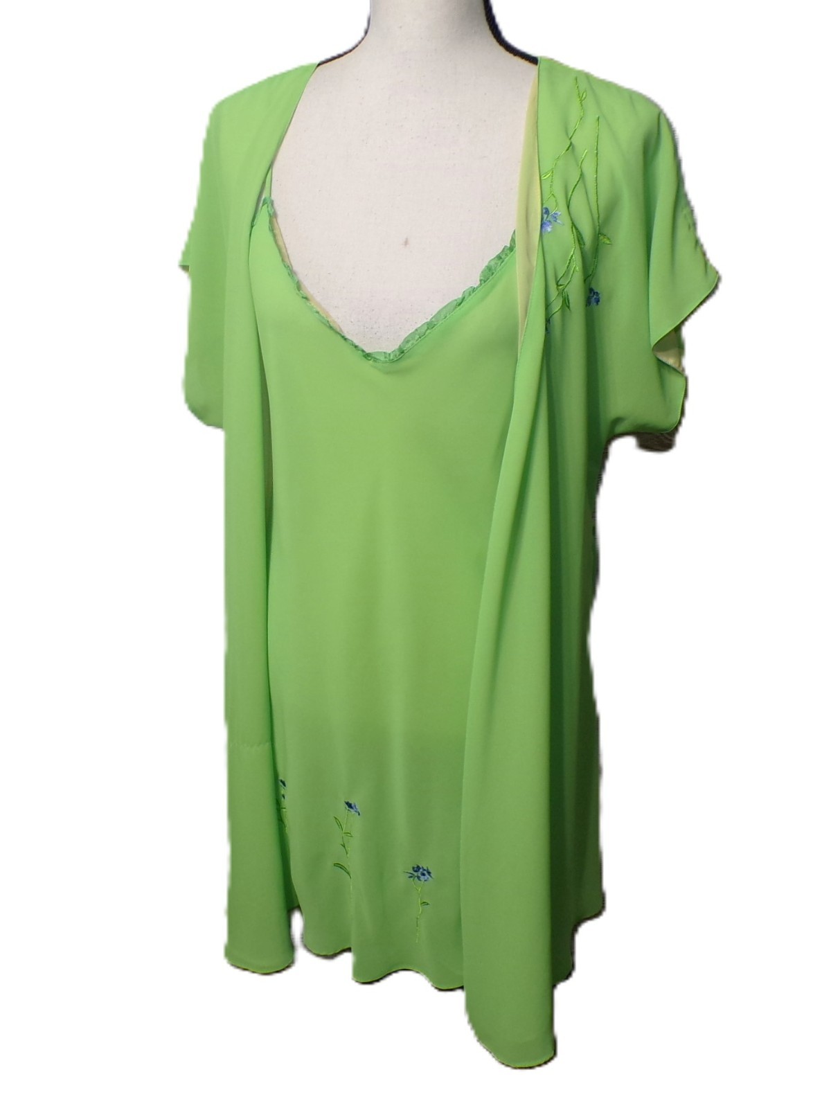Vtg Slip Dress XL 2 pc Peignoir Chartreuse Purple Floral Embroidered Fairy Y2k