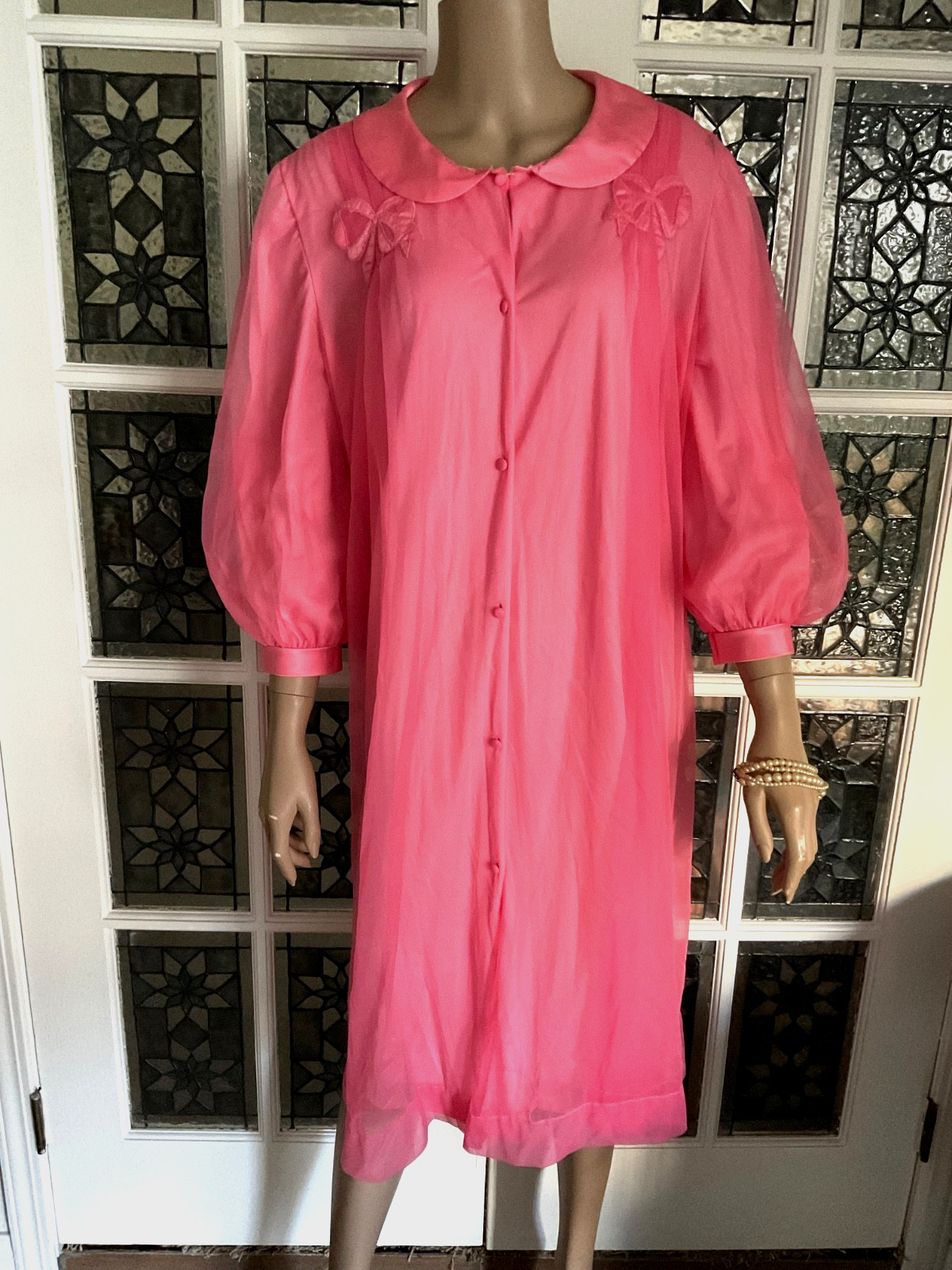 Vintage Robe Dressing Gown Double Layer Sheer Pink Nylon Chiffon Peignoir Robe M