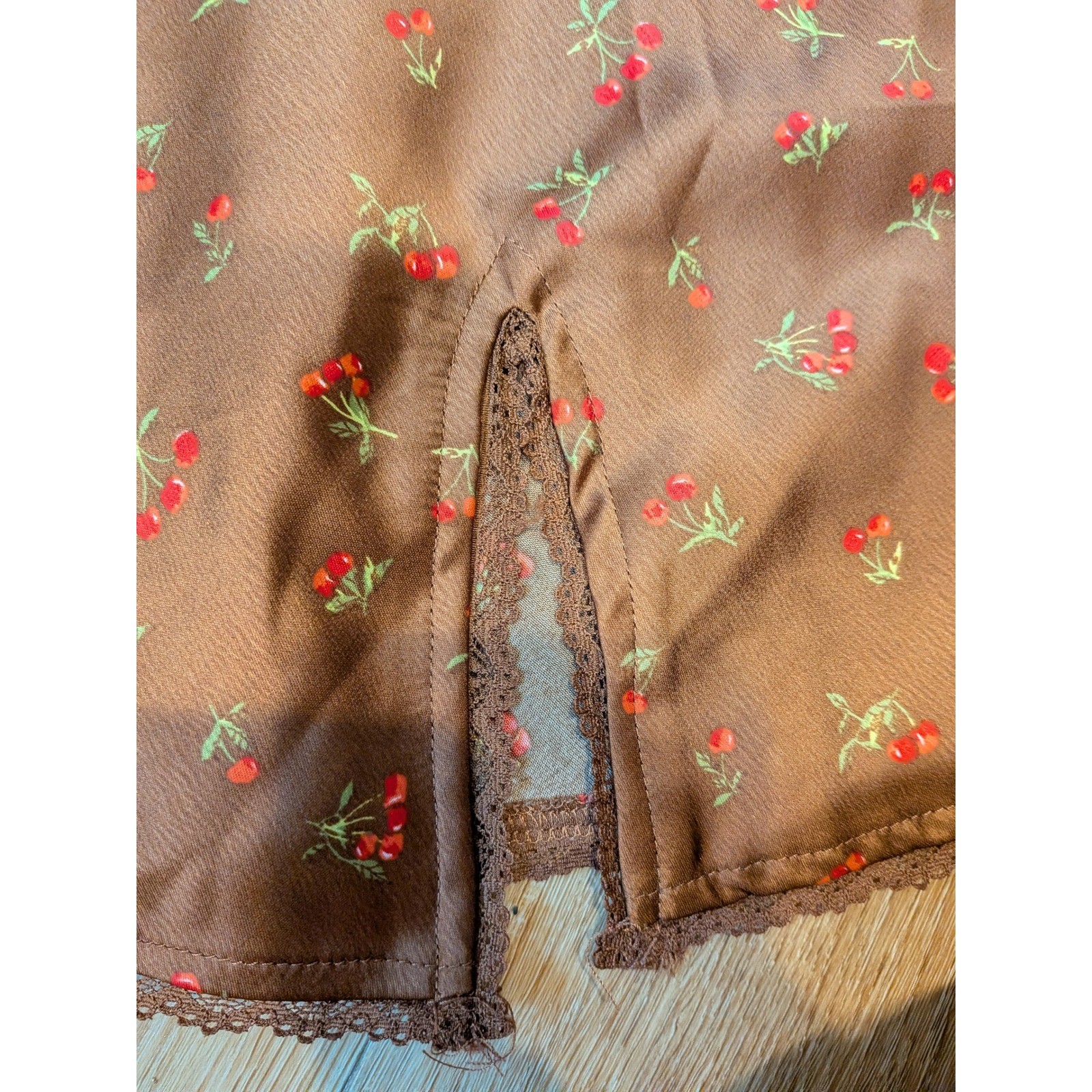 🍒 90s Style Cherry Print Babydoll Slip Dress Coquette Lace Trim Going Out Dress