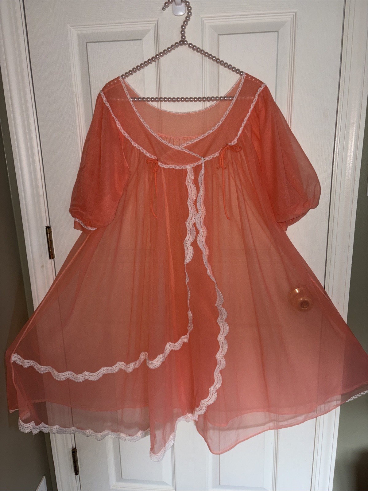 Vtg LISETTE Lingerie Sheer Nylon Chiffon Peignoir Robe Small Coral