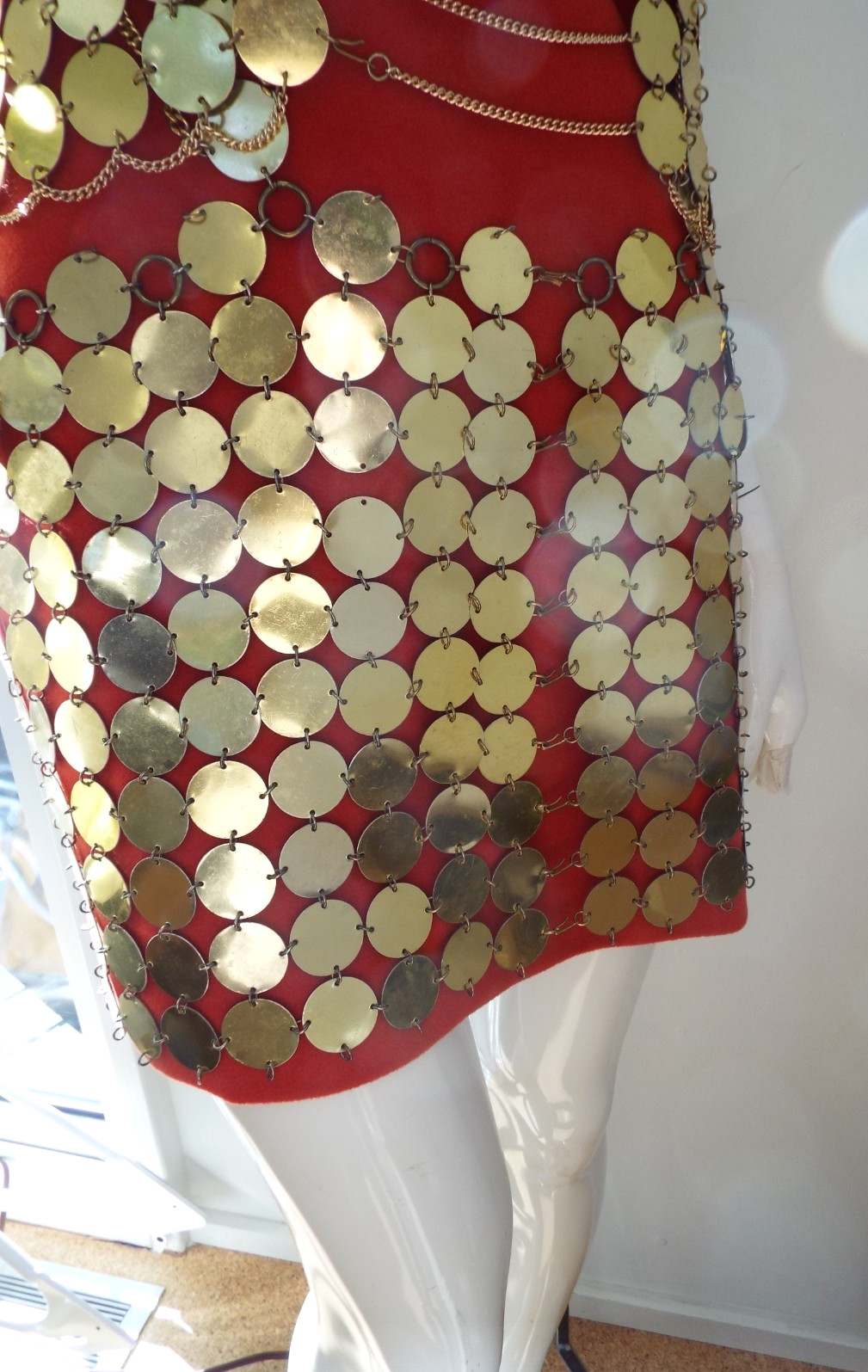 Vintage 1960s Gold Tone Metal Disc Chain Mail Vest Top & Skirt Dress Paillette
