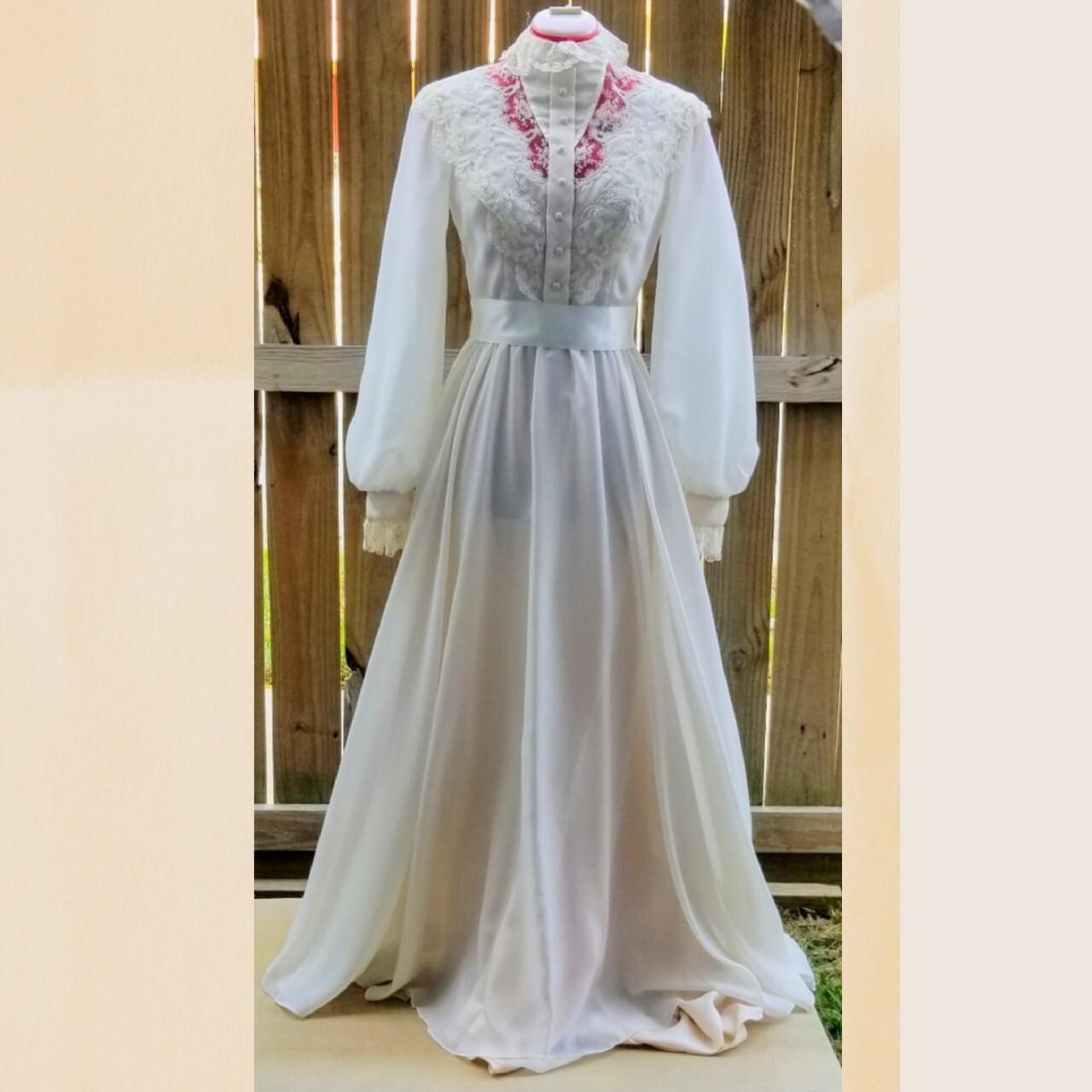 Vintage 1970s ivory high neck lace bishop sleeve boho bridal wedding gown