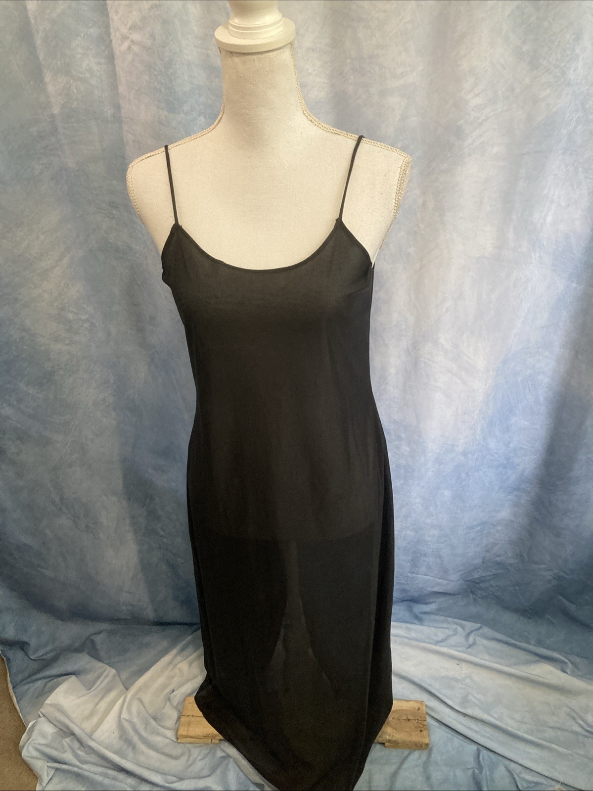 Vtg 90s Black Slip Dress Coquette Rayon Mesh Knit Sheer Maxi Grunge Minimal XS