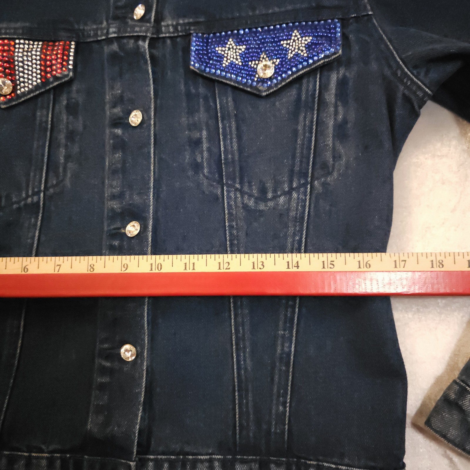 Vintage 90s Heritage Denim Rhinestone American Flag Jacket Christine Alexander S