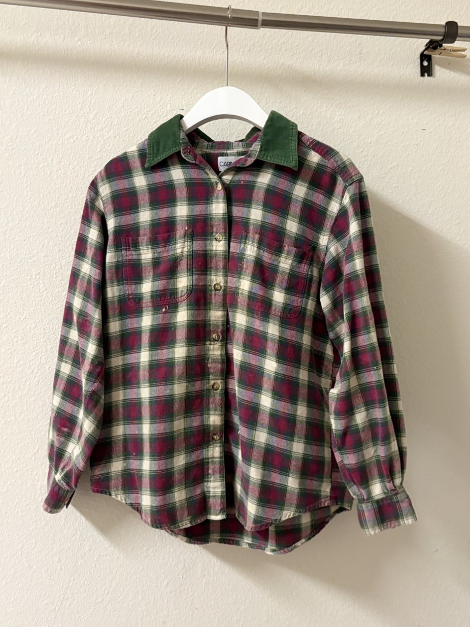 VTG 1990s Cabin Creek Plaid Flannel Shirt Green Pink Petite M Corduroy Collar