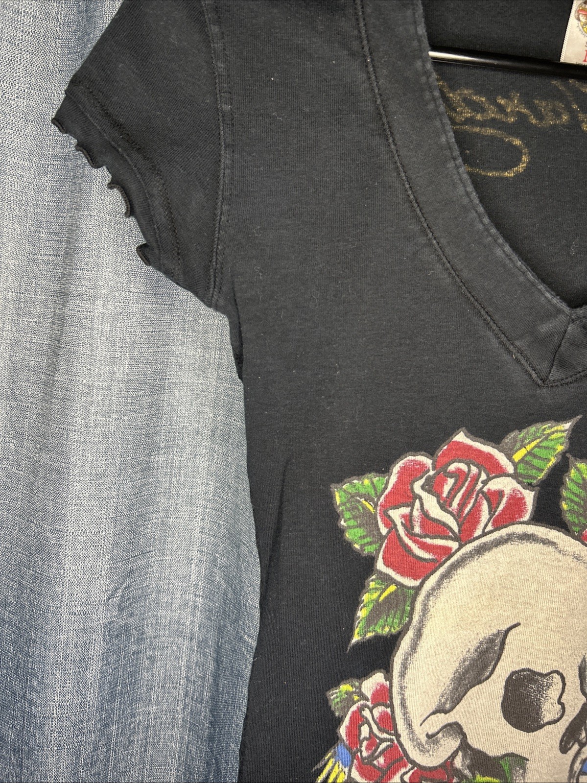 Vintage Ed Hardy By Christian Audigier Women’s Black Skull Roses Long T Shirt