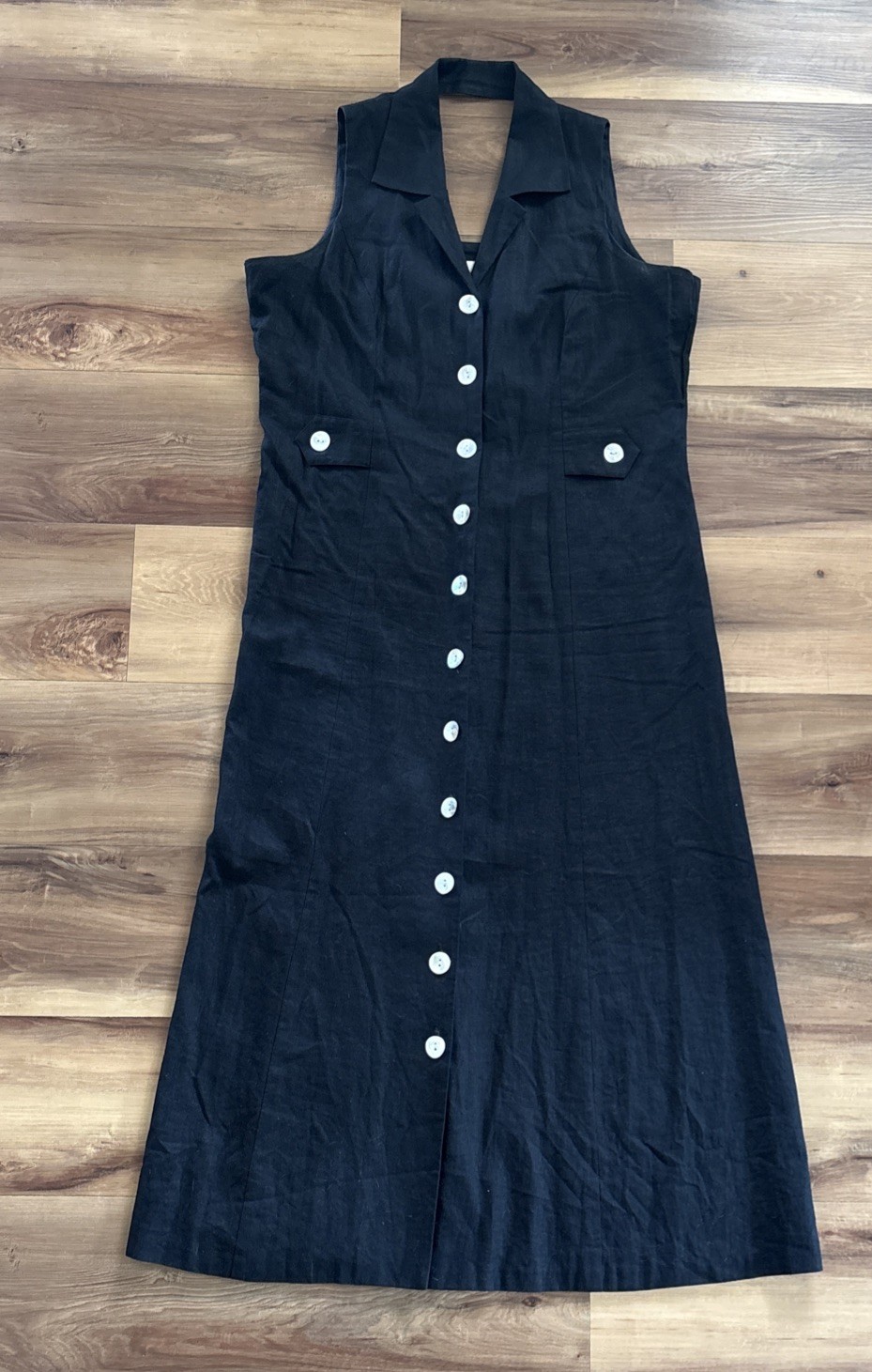 Vtg 90s Linen Blend Black Collared Sleeveless Mother Of Pearl Maxi Dress Size 14