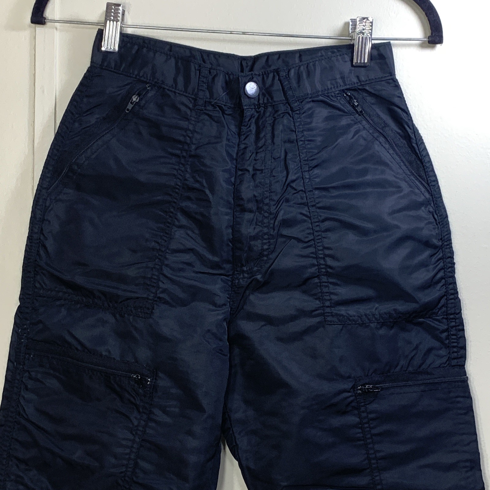 Iconic 80’s Black Parachute Pants Nylon Cargo 6 Pockets Zip Leg Size 7-8