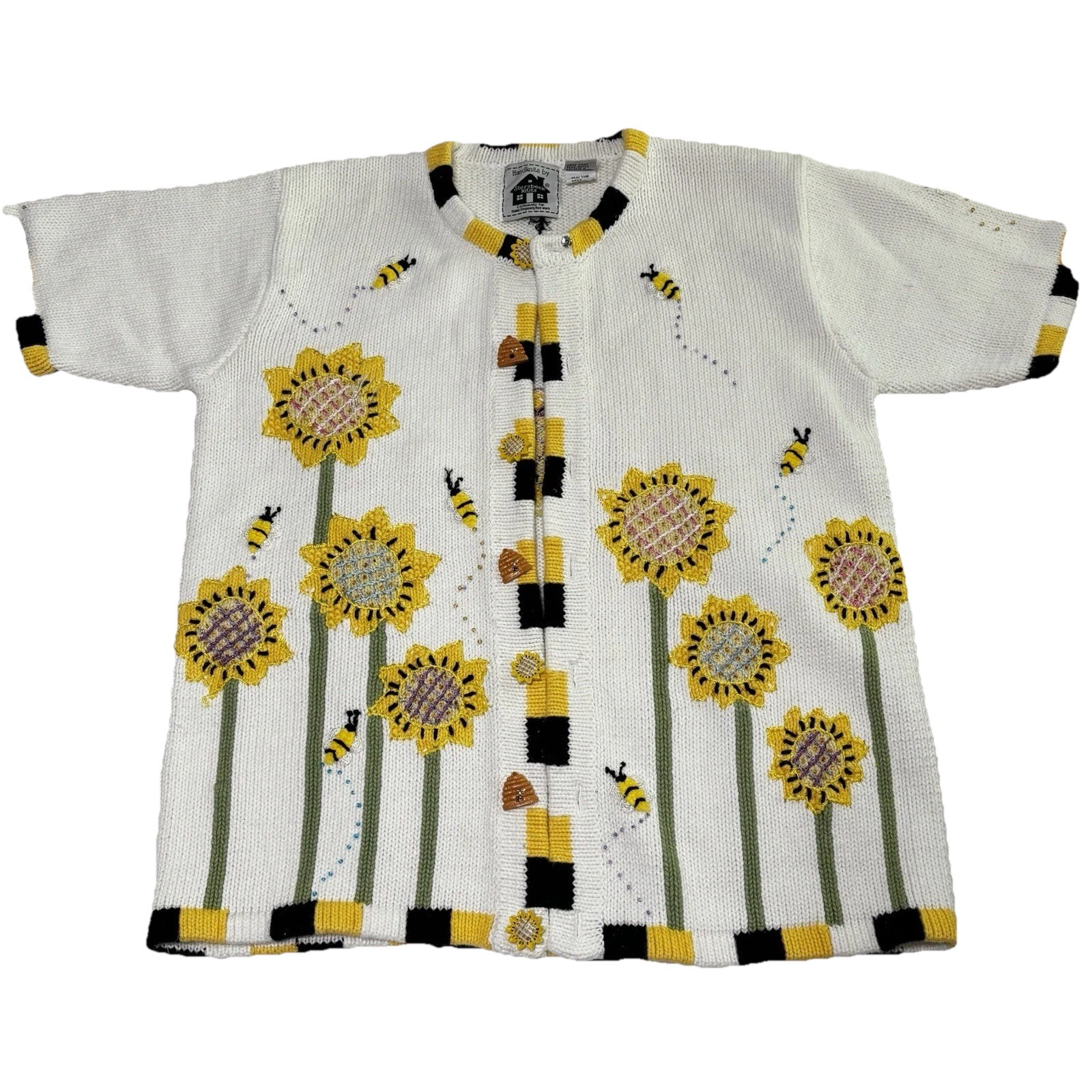 Vintage Storybook Knits SUN THE BEES Med Short Sleeve Cotton Sweater Spring 90s