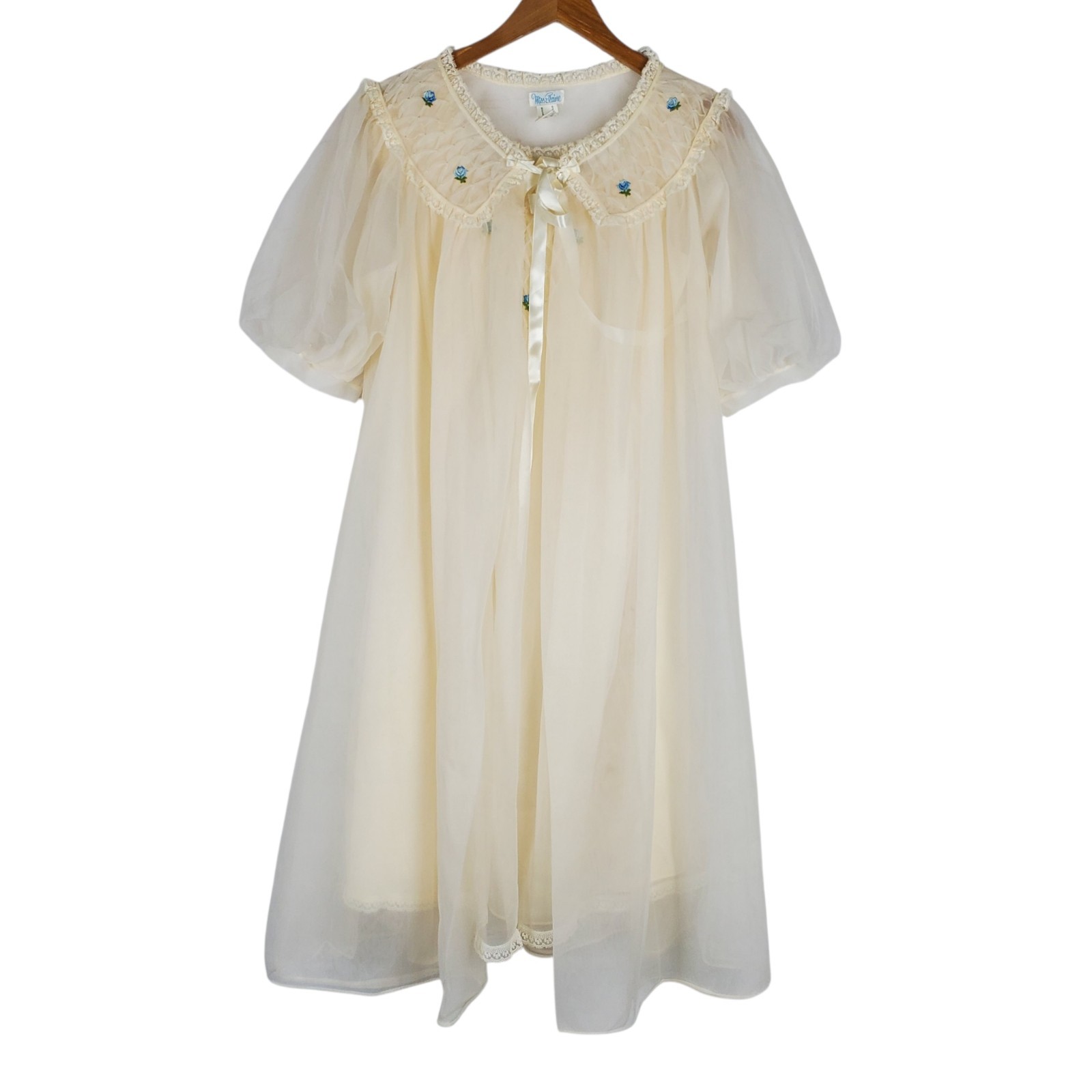 Vintage 1950’s-60’s Miss Elaine Peignoir Nightgown Set Sz L Beige Nylon Chiffon