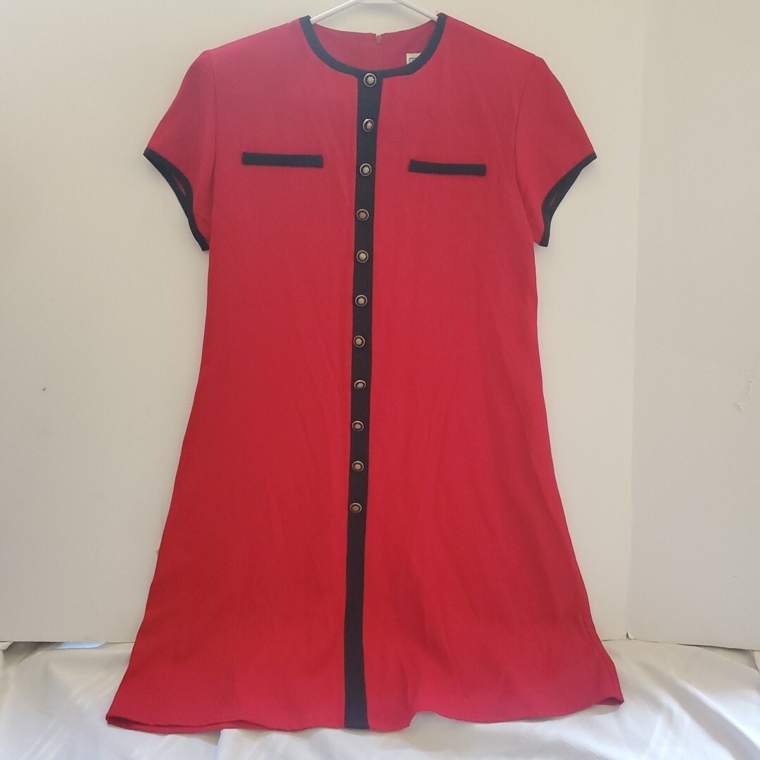 Vintage Jessica Howard Red Shift Dress Navy Blue Trim Gold Toned Buttons Size 6