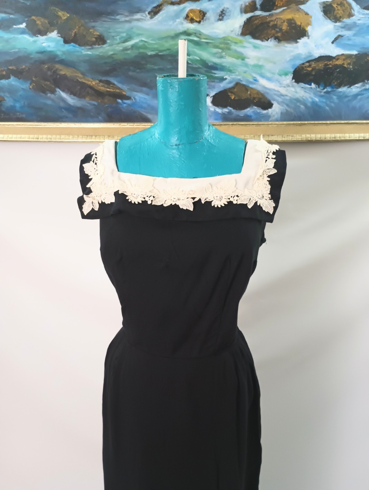 1940s 1950s Inky Black Lampl Square Neck Wiggle Dress Vintage White Floral Lace