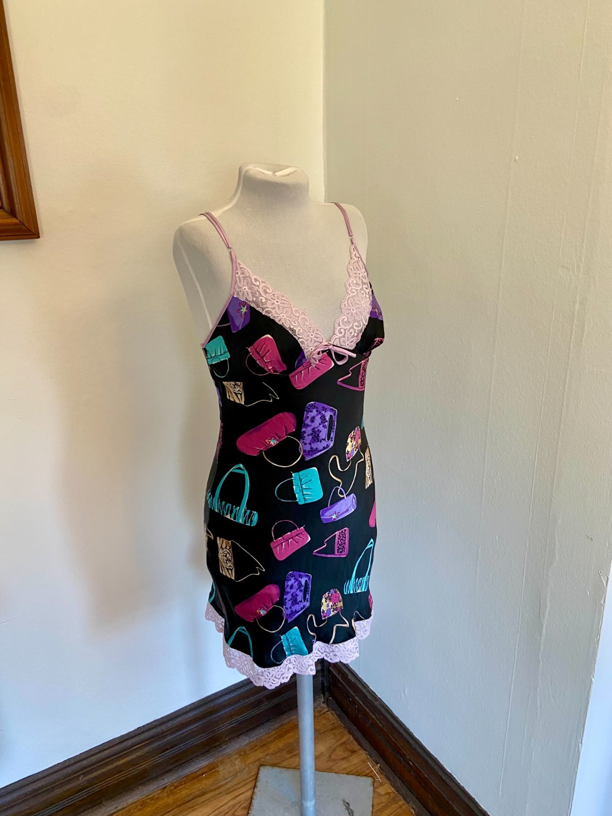 VTG Nicole Miller 2000 100% Silk Slip Dress Bag Purse Print Animal Lace RARE Pur