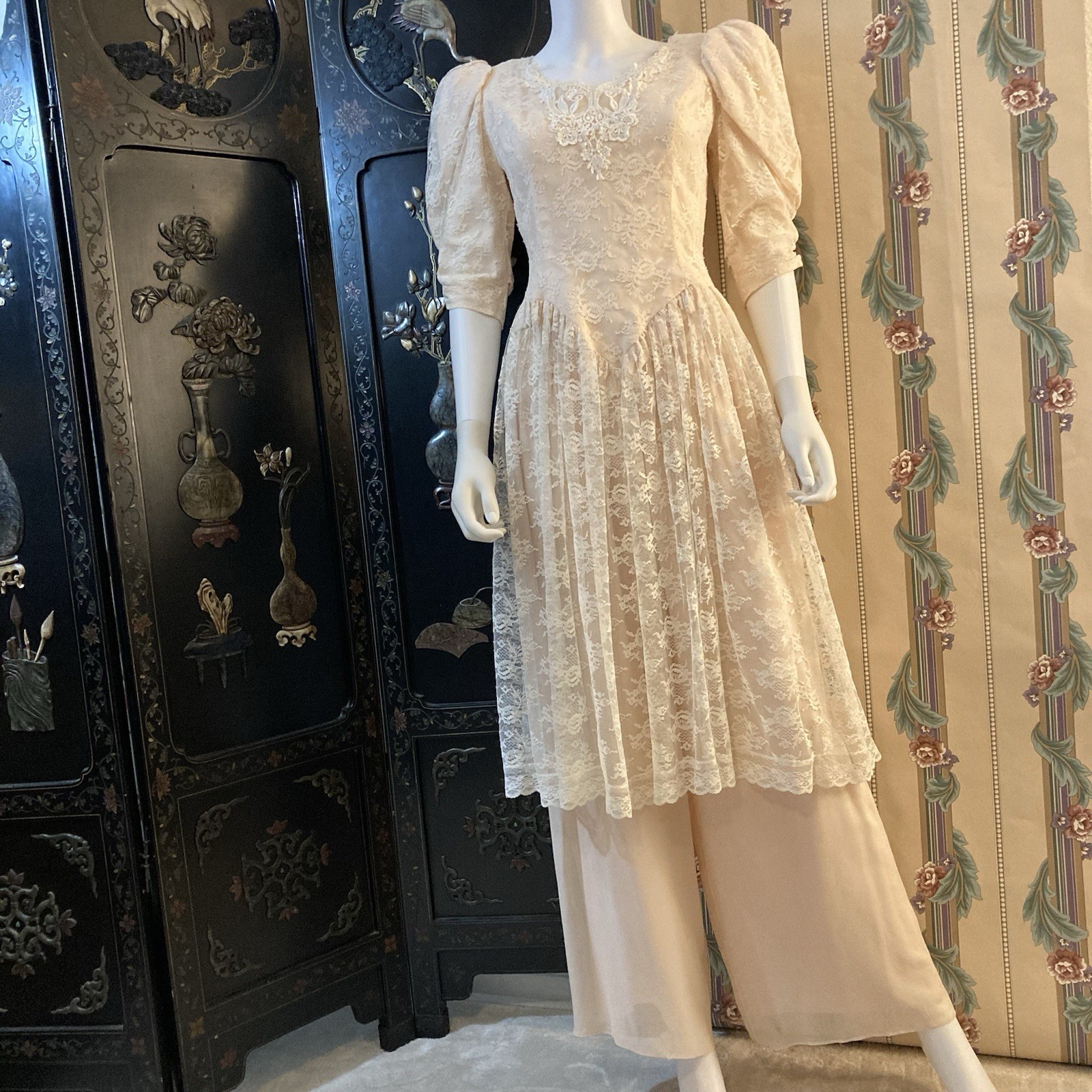 Scott McClintock 1980s Vintage Lace Maximalist Dress and Pants Set