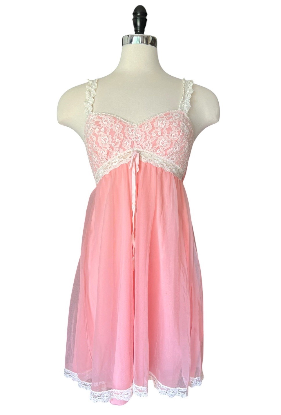 Vintage 60’s Lace Babydoll Pink Nightgown Slip Coquette Romantic Chiffon Nylon M