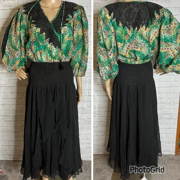 Diane Freis vintage limited edition silk lace midi dress xs 80s