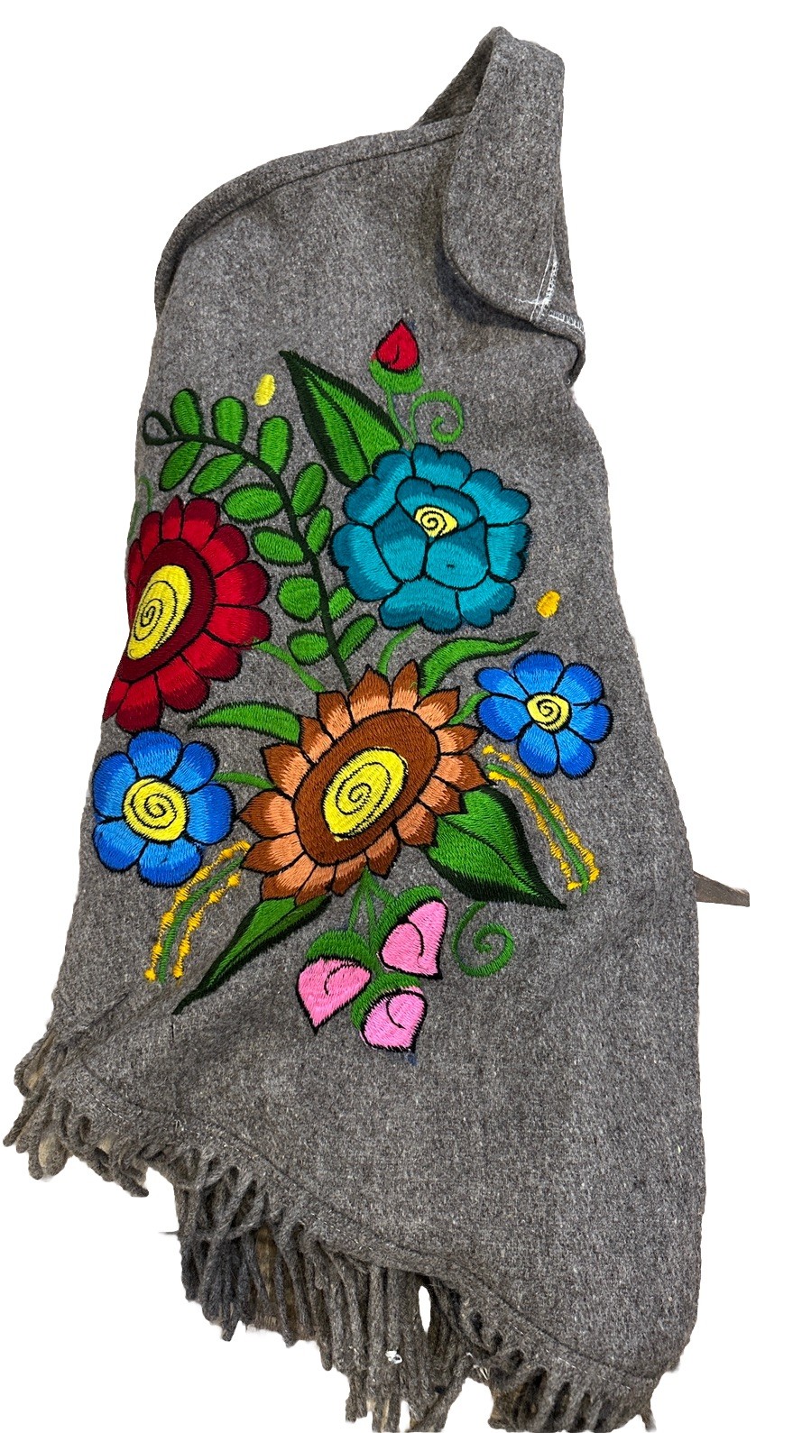 Handwoven Alpaca Wool Embroidered Flowers Floral Cape Poncho Fringe Vintage M/L