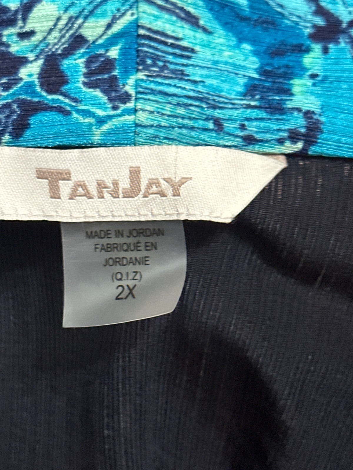 TanJay Size 2X Vintage Black Blue Abstract Trim Jacket Open Front Stretch Travel