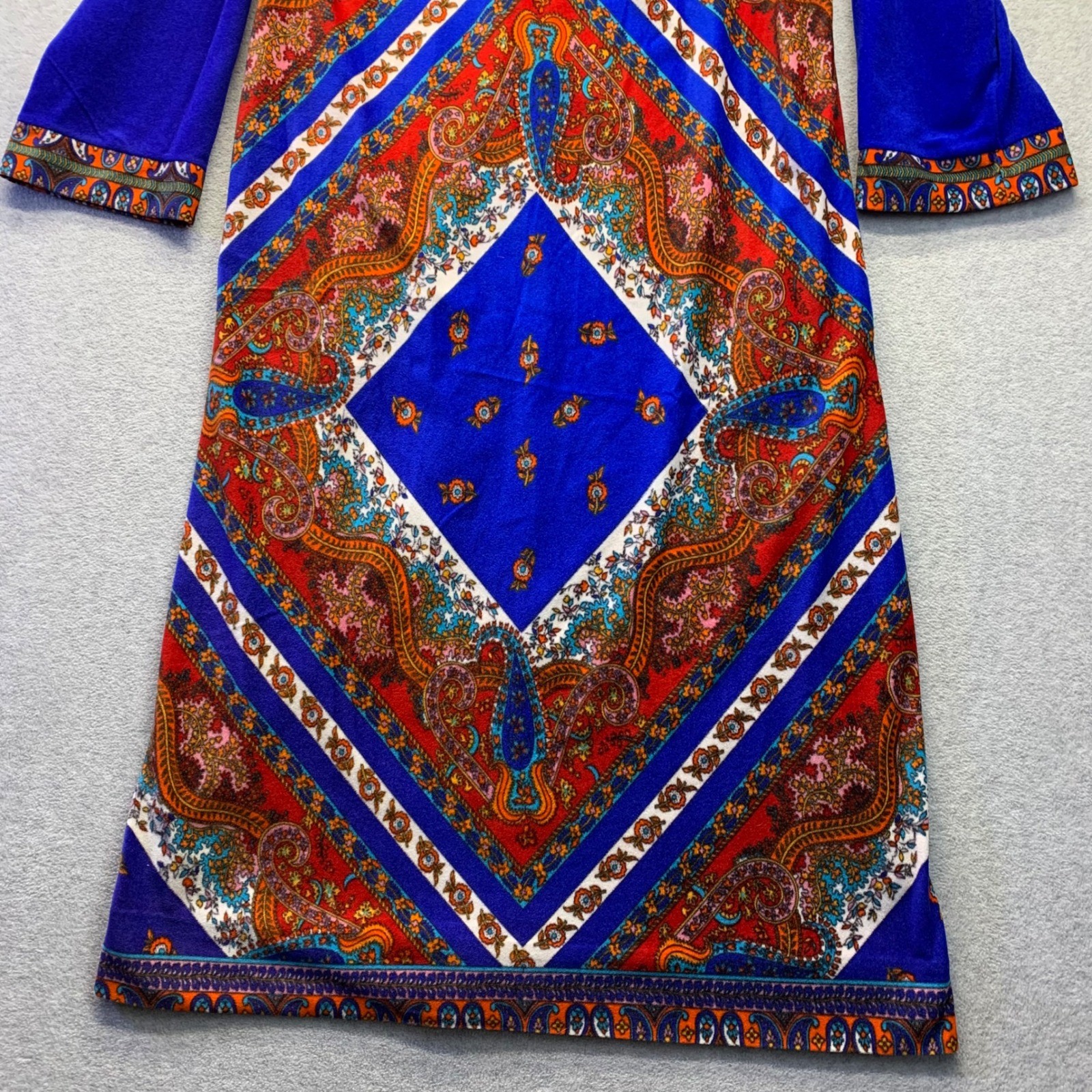 Vtg Plaza 9 Blue Psychedelic Paisley Geometric Velour Robe House Dress 70s Sm/Md