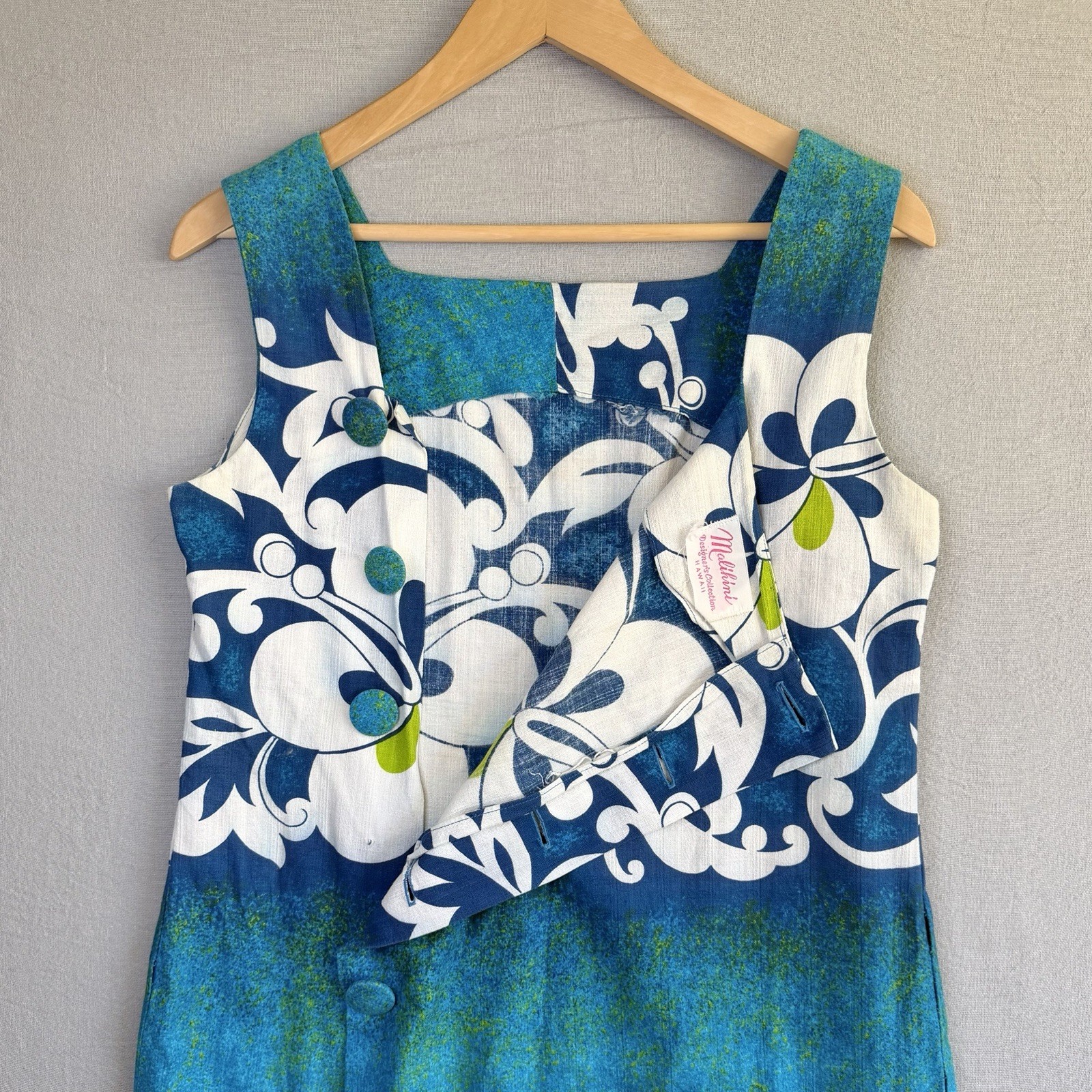 Malihini Vintage Barkcloth Dress Small Blue Sleeveless Hawaiian Floral Buttons