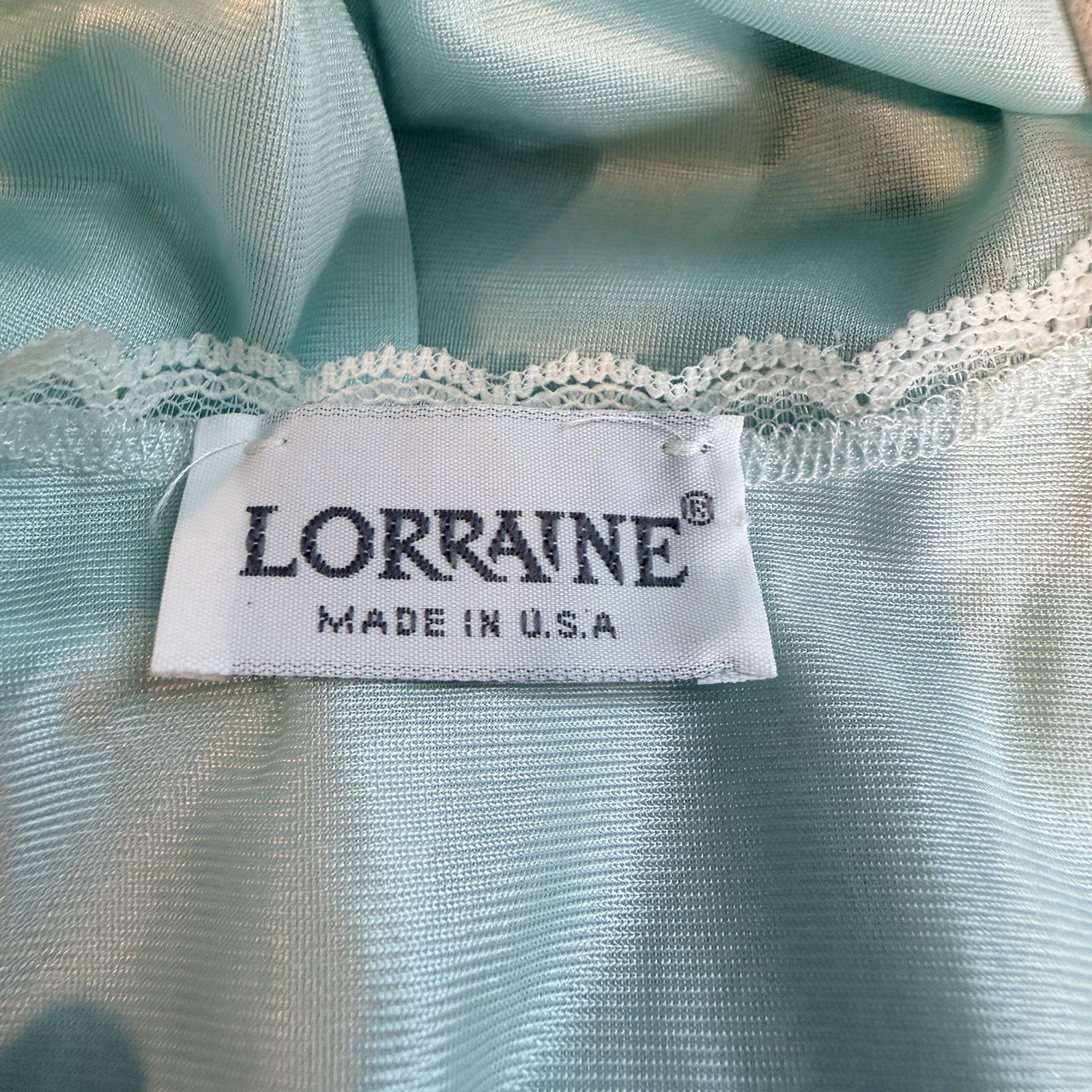 VTG Lorraine Aqua Lace Trim Nightgown Nylon Slip Dress 1X USA Coquette Pastel