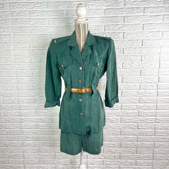 Vintage Scarlett Faux Distressed Green Belted Shorts Suit Size 3-4