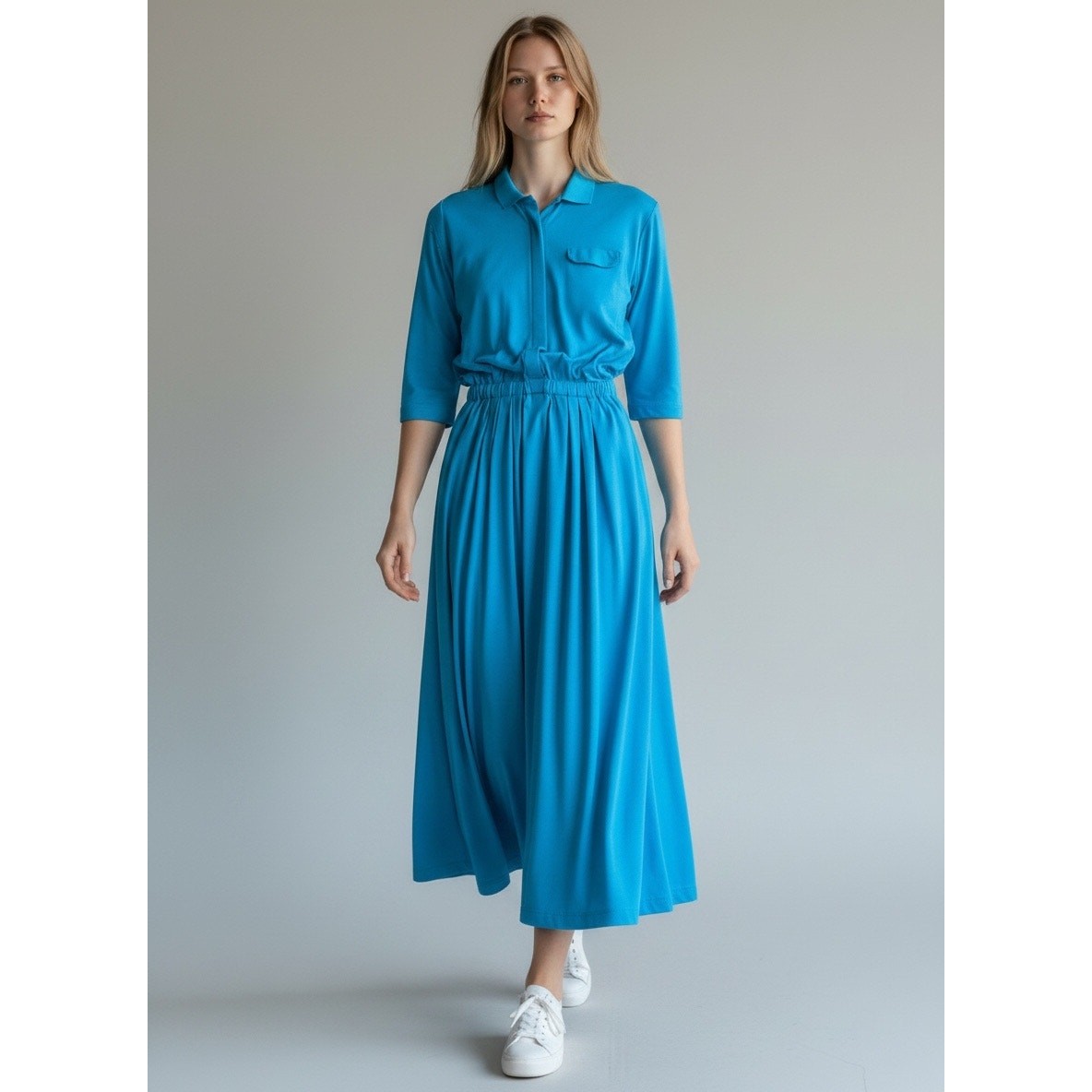Vintage Preppy Polo Shirt Dress Turquoise Blue Midi Elastic Waist Pocket M ^
