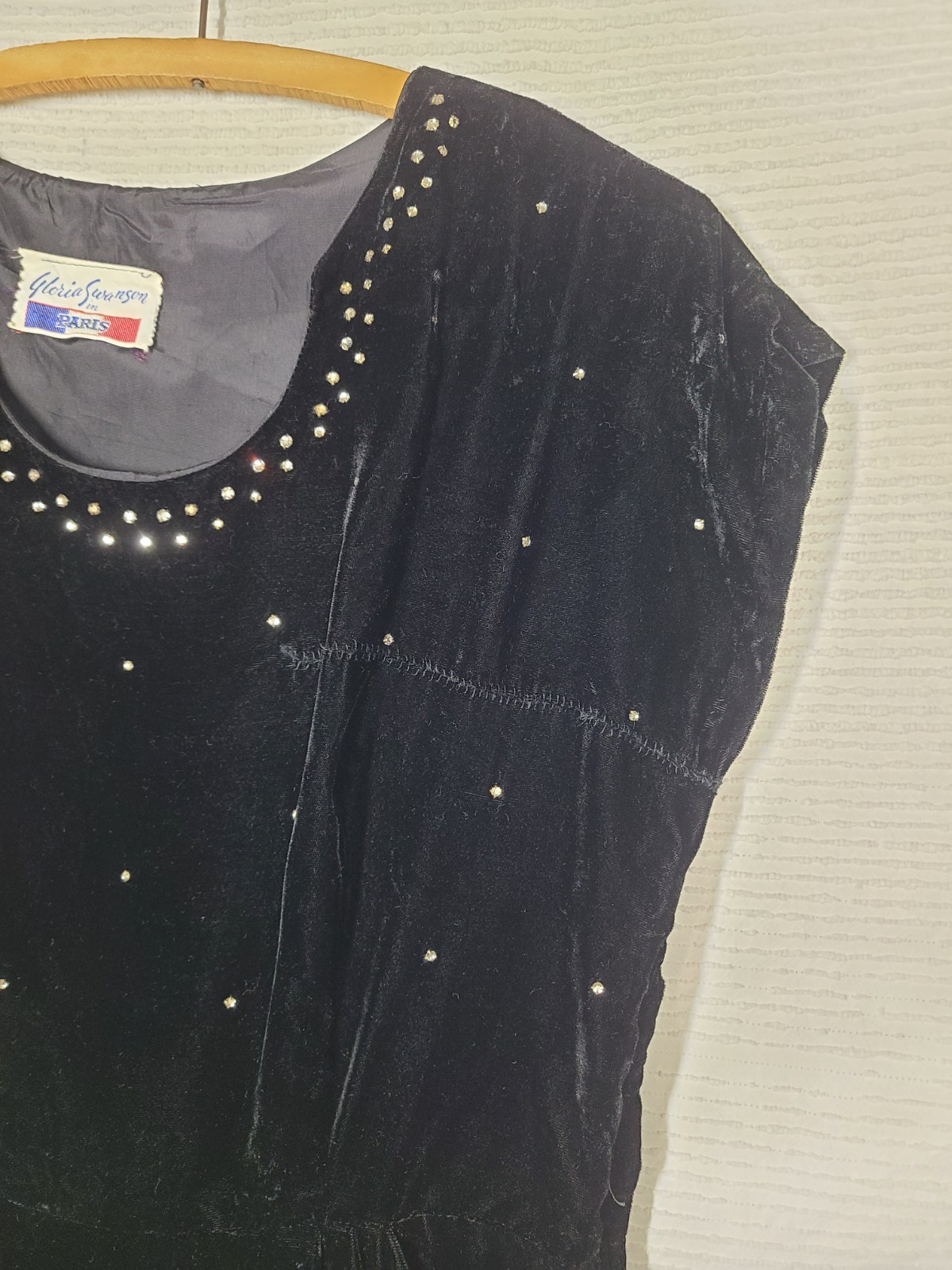 Vtg 40s Dress Black Velvet Night Sky Rhinestone wBelt Gloria Swanson Paris AsIs