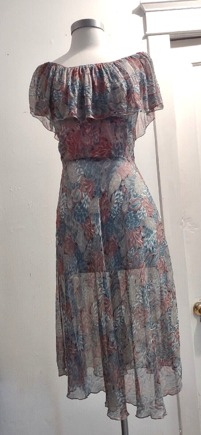 Vintage 70’s Hippy disco sheer silk floral chiffon off the shoulder dress XS