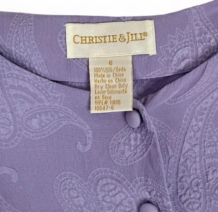 Vintage Christie & Jill Purple Silk Paisley Button Up Blouse Western Boho Size 6